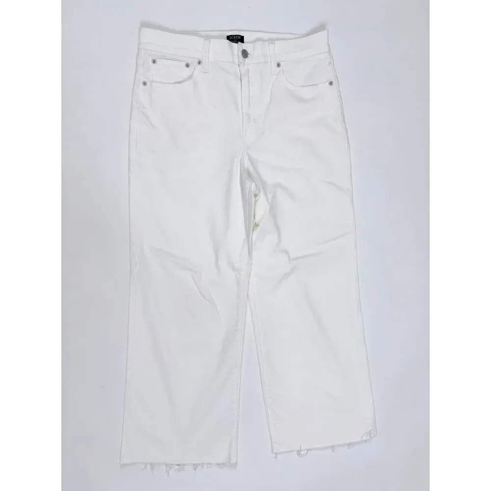 New J.Crew Wide Leg Crop White Denim Jeans Frayed Hem High Rise Capsule Size 30